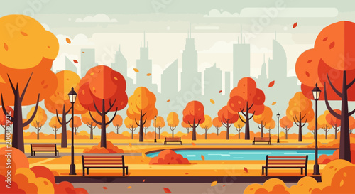 Autumn City Park with Vibrant Orange Trees and Skyline Background