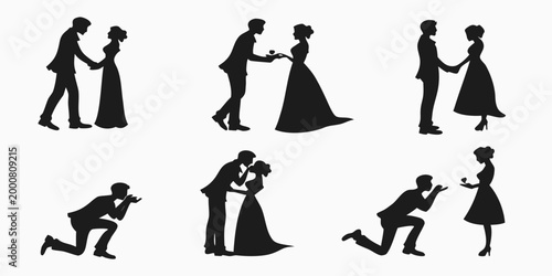 Silhouettes of romantic couples engaging in affectionate gestures like kissing hands proposing and holding hands for wedding and anniversary graphic design with silhouette engagement proposal