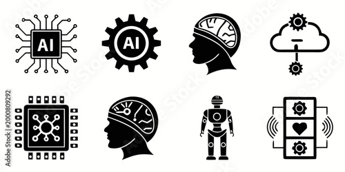 Artificial intelligence and machine learning icons collection featuring chip and robotic symbols artificial intelligence learning technology computer processor innovation automation creative