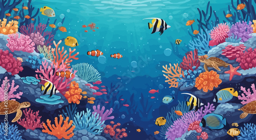 Vibrant coral reef scene with sea turtles and tropical fish
