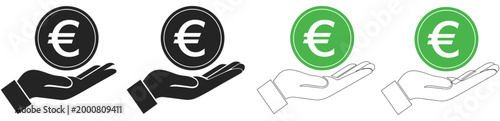 Euro coin on hand icon, hand holding euro currency symbol, finance and currency exchange concept, investing, banking, savings, and European economy illustration, clean modern vector design.