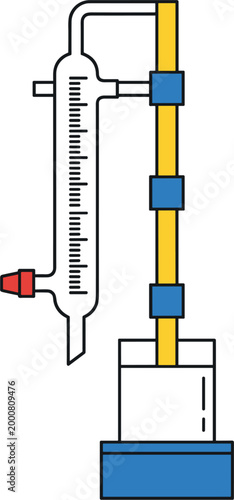 Laboratory distillation apparatus with condenser and measuring scale representing chemical experiment process and scientific research equipment setup