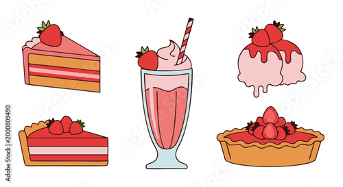 Collection of strawberry cakes, desserts, and beverages in clean flat vector style, perfect for menu and food illustration.