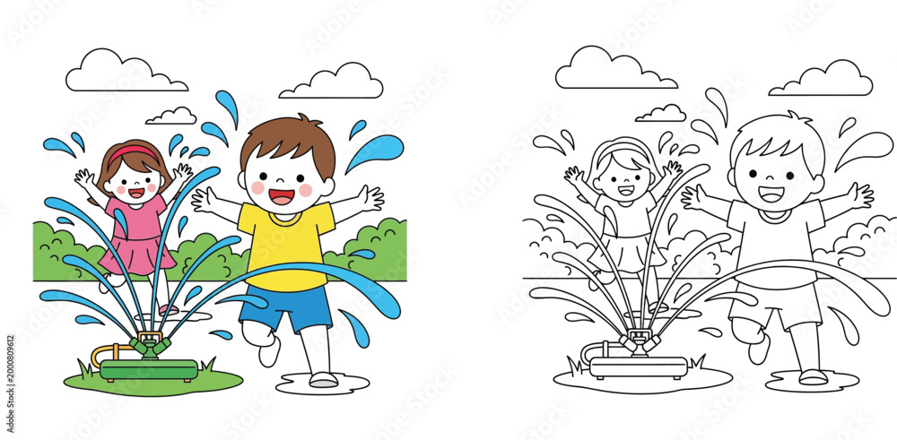 Obraz premium Happy Kids Playing with Garden Sprinkler in Park Vector Illustration Set with Coloring Page for Children Education Activity and Summer Fun Concept