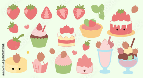 Playful strawberry-themed icons including fruits, drinks, and desserts in flat cartoon vector style.