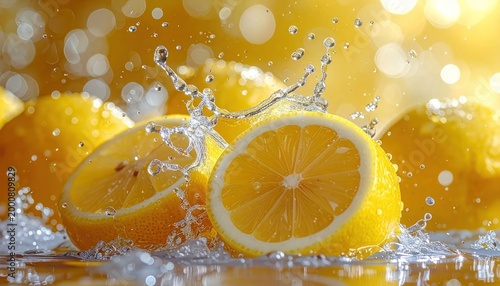 Fresh Lemons Splashing in Water with Sunlight.