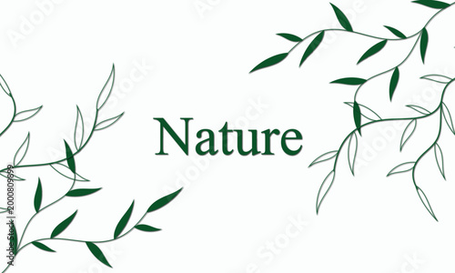 nature typography with green leaf branch design art, elegant nature text with botanical leaf frame design, minimalist green leaf border with nature word design