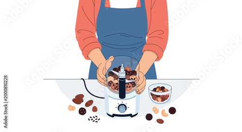 Person preparing nuts and dried fruits in a food processor for healthy snack