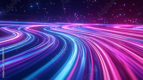 Futuristic Neon Light Trails Abstract Background, Blue Pink Glowing Lines Motion, Cyberpunk Speed Flow, Digital Technology Wave Design