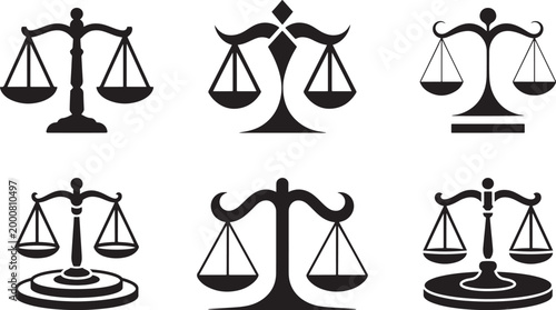 Balance scale silhouette collection, justice theme, law and legalization concept, scales of justice flat illustration.
