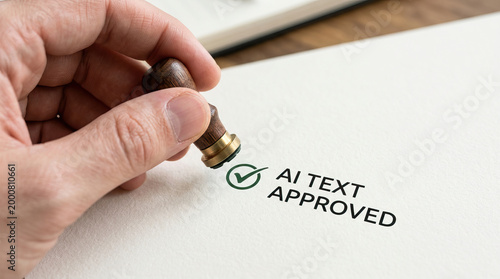 AI text approved stamp on paper with hand holding wooden stamp, symbolizing verification and validation of artificial intelligence generated content