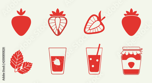 Set of strawberry-based beverages including juice, smoothies, and milk drinks in flat vector style.
