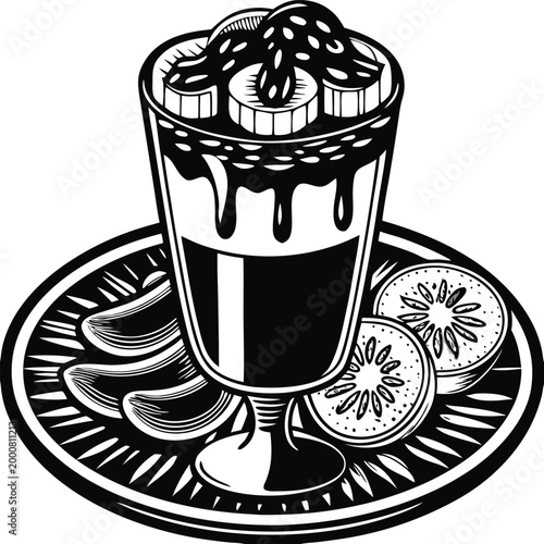 Black and white illustration, chocolate mousse dessert, fruit plate, vector graphic