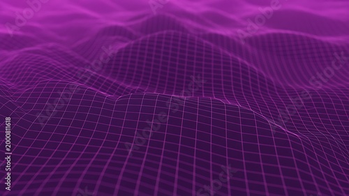 A vibrant purple grid pattern with wavy lines and squares in a digital landscape