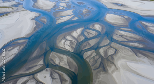 Aerial view of river delta with blue water and sandbanks landscape
