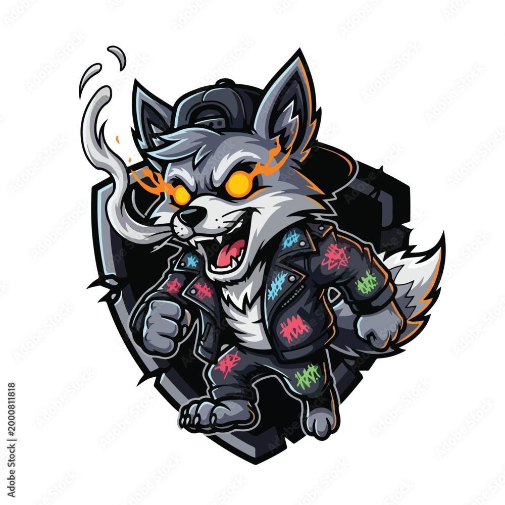 Fototapeta premium Aggressive Neon Wolf Character with Knife and Smoke