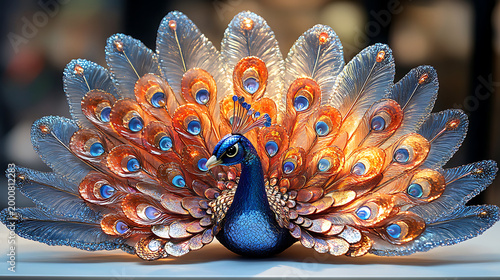 Close-up of a vibrant recreated peacock with iridescent feathers under studio lighting on white background 