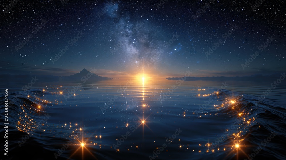Fototapeta premium Magical ocean waves under starry night sky with glowing lights and sunrise