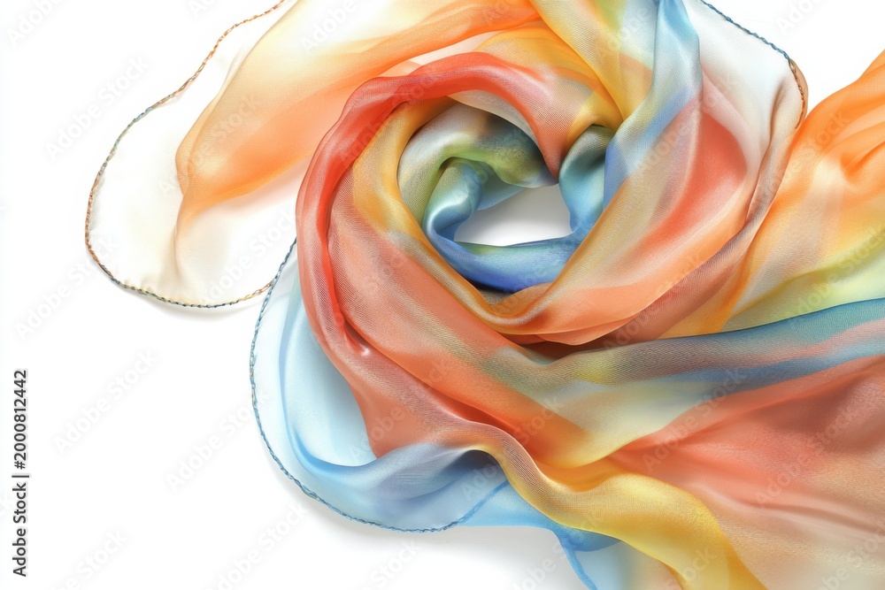 Obraz premium A delicate, multicolored silk scarf swirled gracefully on a white background, showcasing soft pastel hues and translucent fabric texture.
