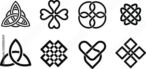 Endless knot symbols set cultural buddhist sacred celtic patterns intertwined knots medieval decorative ornament vector design