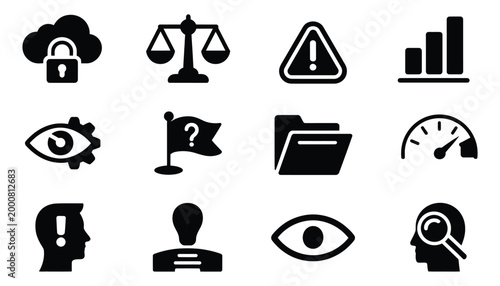 Set of business security and analytics solid icons cloud lock warning chart vector illustration, modern cybersecurity data protection and financial analytics concept for dashboard UI and enterprise 