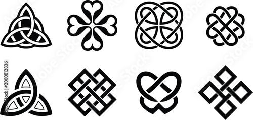 Endless knot symbols set buddhist sacred celtic patterns intertwined knots for spiritual cultural decorative ornament vector design