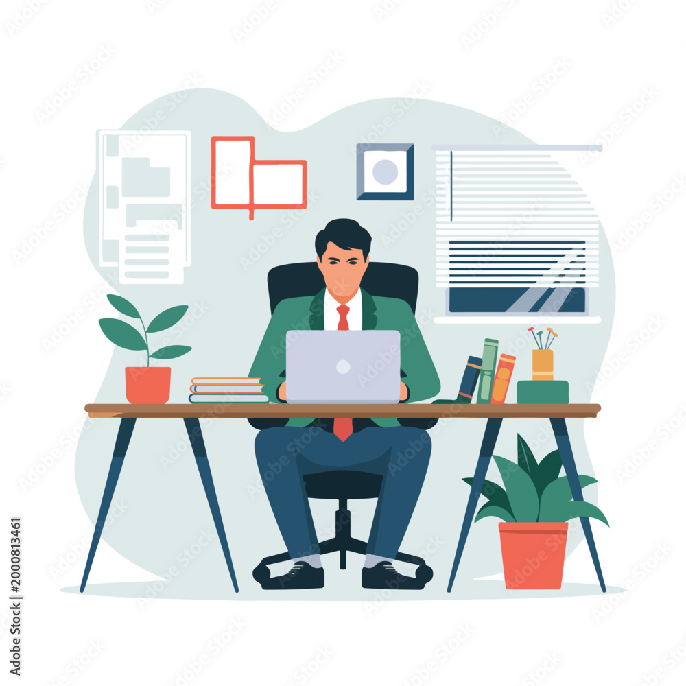 Fototapeta premium Man focused on laptop at office desk with window and plants desk work computer