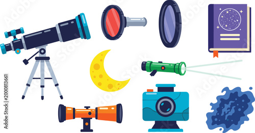 Astronomy and Space Exploration Icon Set with Telescopes, Moon, Stars, and Scientific Tools for Websites, Apps, and Digital Media Designs.