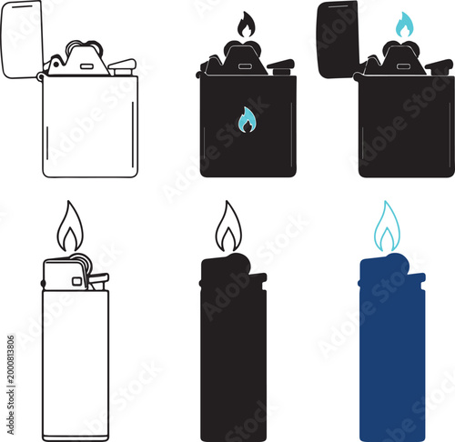 Lighter Flame Icon Set – Minimal Cigarette Lighter Vector Collection in Outline, Solid and Blue Styles