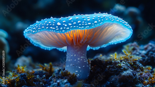 Close-up of a bioluminescent mushroom cap, its gills emitting a soft, green glow in a controlled lab setting, captured with cinematic photography, emphasizing the fungal luminescence 