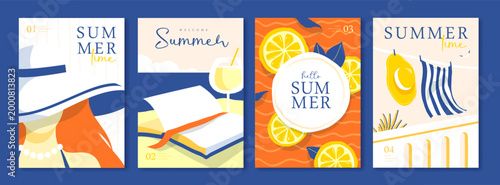 Set of summer Italian posters or covers with woman silhouette, cocktail, open book, lemonade, lemons, drying clothes and beach landscape. Vector illustration