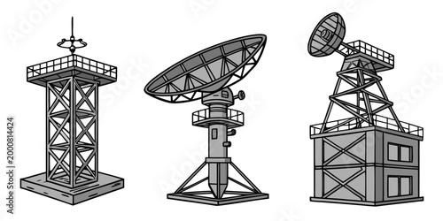 Tableau sur toile Set of three communication tower illustrations with parabolic satellite dishes s