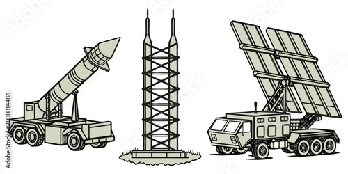 Schilderij op canvas Set of military missile launchers and radar surveillance vehicle with military t