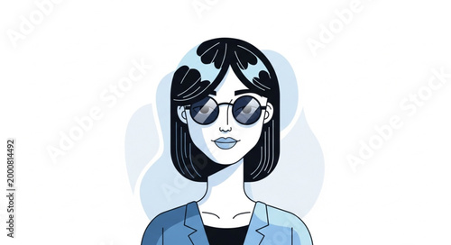 Stylish Woman Wearing Round Sunglasses and Blue Jacket.