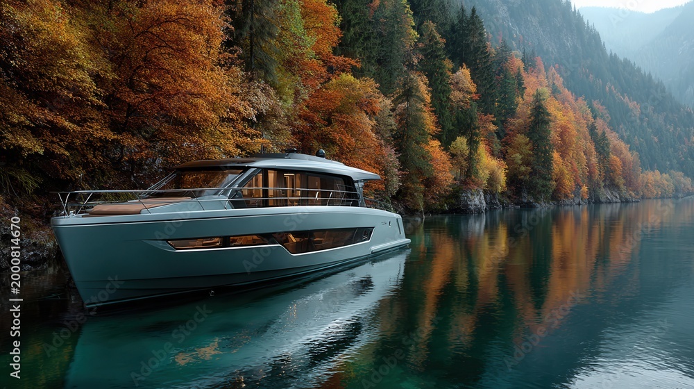 Naklejka premium scenic autumn lake with a luxury yacht, soft golden light reflecting colorful forest on calm water, peaceful and elegant landscape 