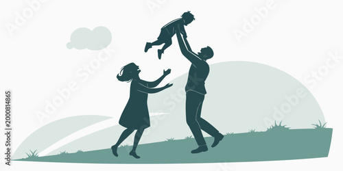 Silhouette illustration of loving parents playing with child outdoors on grass vector art family time silhouette outdoors parenting togetherness childhood lifestyle illustration minimalist