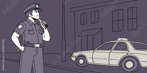 Police officer using radio communicator beside patrol vehicle with policeman communicator enforcement security protection authority official illustration minimalist character observation