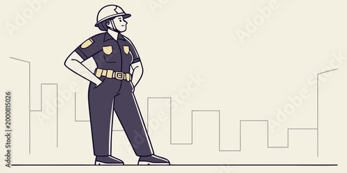 Police officer wearing protective helmet standing in front of city skyline with policeman protection enforcement authority security professional standing background official policing