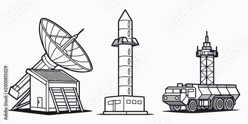 Set of military communication and defense equipment icons with satellite communication launcher military technology transmitter equipment strategic illustration monochrome industrial