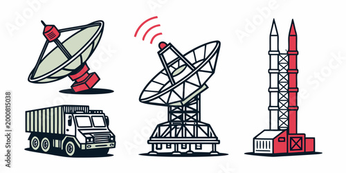 Communication satellite radar and missile defense system collection with satellite communication technology broadcast launcher military tracking transmitter security strategic illustration