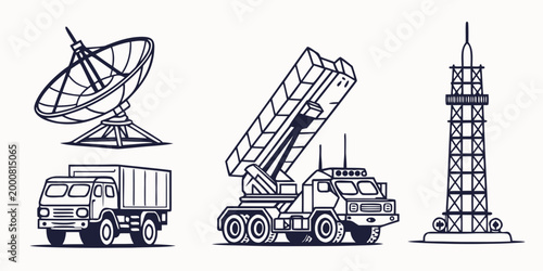 Military radar satellite dish and mobile launch vehicle icon set with military satellite communication technology transport launcher tracking broadcast transmitter security tactical