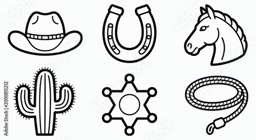 Set of cowboy hat horseshoe horse head cactus sheriff badge and lasso in simple black outlines vector illustration, clean outline icon set featuring classic wild west objects, ranch life motifs and 