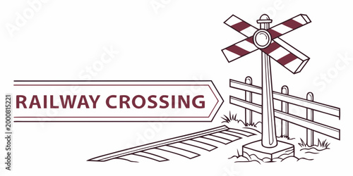 Railway crossing signal with sign board and railroad tracks illustration safety measure railway track crossing railroad transportation illustration transport infrastructure junction movement