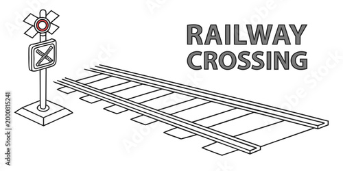 Railway crossing warning signal and train tracks signage illustration with railway sign railroad crossing rail way rail transport rail transportation railway track railway infrastructure