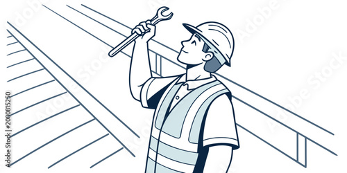 Railway maintenance worker wearing hard hat and safety vest holding wrench with rail worker rail track railroad worker construction worker railway infrastructure rail repair worker portrait