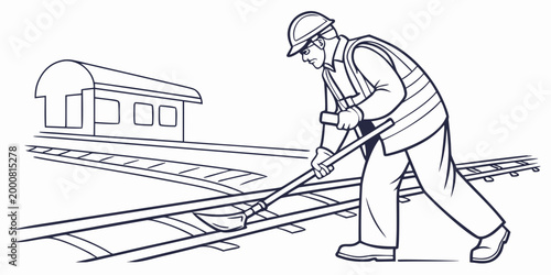 Railway worker cleaning and maintaining tracks at a station with maintenance cleaning railroad construction industrial professional transportation engineer employee infrastructure technical