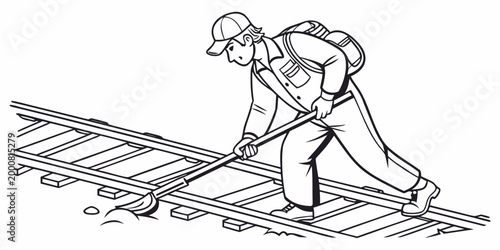 Maintenance worker cleaning tracks with a shovel on railroad maintenance cleaning railroad construction industrial professional transportation engineer employee infrastructure technical