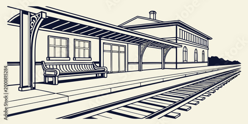 Vintage style train station platform illustration with covered waiting area railway station rail travel station design platform roof commuter rail platform transportation railroad building