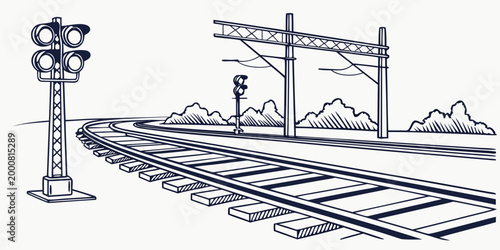Railway tracks with signaling lights and overhead power lines illustration train tracks railway signal rail infrastructure rail system heavy transport railway line rail network rail corridor