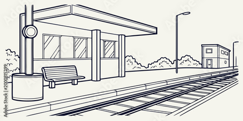 Minimalist black and white line drawing of a suburban railway station platform with rail transport train travel station building rail infrastructure platform transportation railroad commuter